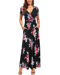 OUGES Sommerkleid Damen Kurzarm V-Ausschnitt Kleider Casual Boho Kleid Maxikleid mit Taschen Partykleid(Floral-6, L) von OUGES