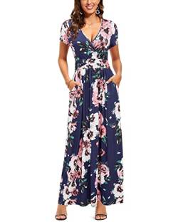 OUGES Sommerkleid Damen Kurzarm V-Ausschnitt Kleider Casual Boho Kleid Maxikleid mit Taschen(Floral-7, L) von OUGES