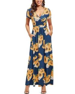 OUGES Sommerkleid Damen Kurzarm V-Ausschnitt Kleider Casual Boho Kleid Maxikleid mit Taschen Partykleid(Farbe-9, L) von OUGES