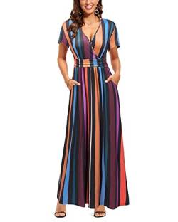 OUGES Sommerkleid Damen Kurzarm V-Ausschnitt Kleider Casual Boho Kleid Maxikleid mit Taschen Partykleid(Floral-41, M) von OUGES