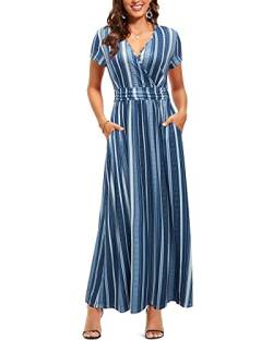 OUGES Sommerkleid Damen Kurzarm V-Ausschnitt Kleider Casual Boho Kleid Maxikleid mit Taschen Partykleid(Floral-42, M) von OUGES