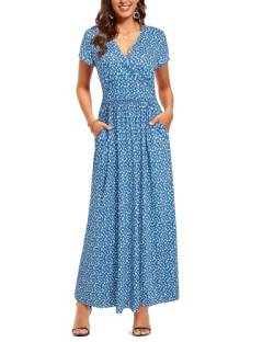 OUGES Sommerkleid Damen Kurzarm V-Ausschnitt Kleider Casual Boho Kleid Maxikleid mit Taschen Partykleid(Floral-51, XL) von OUGES