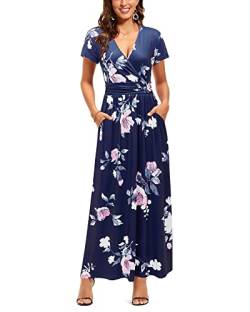 OUGES Sommerkleid Damen Kurzarm V-Ausschnitt Kleider Casual Boho Kleid Maxikleid mit Taschen Partykleid(Floral-C, L) von OUGES