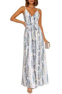 OUGES Sommerkleid Damen Kurzarm V-Ausschnitt Kleider Casual Boho Kleid Maxikleid mit Taschen Partykleid(Floral-Z05, L) von OUGES