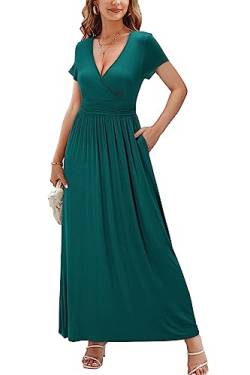 OUGES Sommerkleid Damen Kurzarm V-Ausschnitt Kleider Casual Langes Kleid Maxikleid mit Taschen(Grün394, M) von OUGES