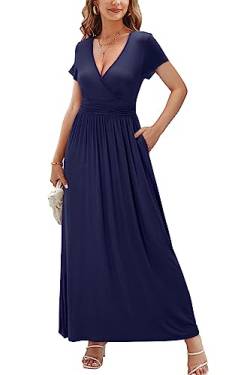 OUGES Sommerkleid Damen Kurzarm V-Ausschnitt Kleider Casual Langes Kleid Maxikleid mit Taschen(Navy blau394, L) von OUGES