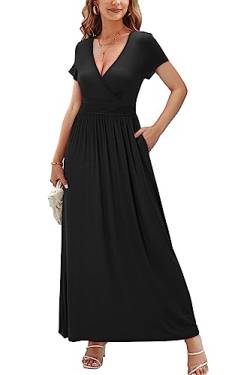 OUGES Sommerkleid Damen Kurzarm V-Ausschnitt Kleider Casual Langes Kleid Maxikleid mit Taschen(Schwarz394, M) von OUGES