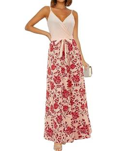 OUGES Sommerkleid Damen Lang Maxikleider V-Ausschnitt Kleider Ärmellos Blumenkleid Beiläufige Träger Rückenfreies Kleid Strandkleid Elegant Party Freizeitkleid Mit Taschen(Floral-628P,XXL) von OUGES