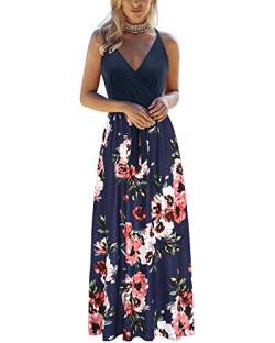 OUGES Sommerkleid Damen Lang Maxikleider V-Ausschnitt Kleider Ärmellos Blumenkleid Träger Kleid Strandkleid Elegant Freizeitkleid Mit Taschen(Floral-a-oe628,M) von OUGES