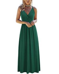 OUGES Sommerkleid Damen Lang Maxikleider V-Ausschnitt Kleider Ärmellos Träger Grün Kleid Strandkleid Freizeitkleid Mit Taschen(Grün-OE629,L) von OUGES