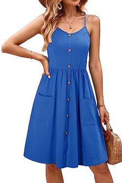 OUGES Sommerkleid Damen V-Ausschnitt Ärmellos Kleider Spaghettiträger Knielang Freizeitkleid Knopfleiste Kleid mit Taschen(Blau327,XXL) von OUGES