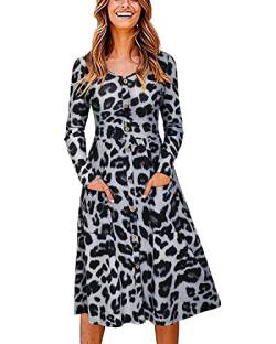 OUGES Winterkleid Damen Langarm Kleid V-Ausschnitt Midi Kleider Herbstkleid Knielang Freizeitkleid mit Taschen(Grauer Leopard, S) von OUGES