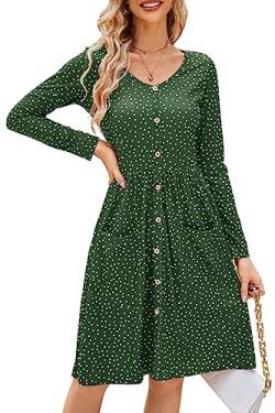 OUGES Winterkleid Damen Langarm Kleid V-Ausschnitt Polka Dot Kleid Herbstkleid Knielang Freizeitkleid mit Taschen(Grün Gepunktet, L) von OUGES