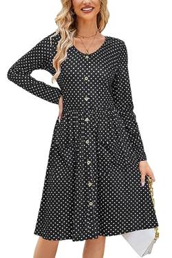 OUGES Winterkleid Damen Langarm Kleid V-Ausschnitt Polka Dot Kleid Herbstkleid Knielang Freizeitkleid mit Taschen(Schwarz mit Punkten,L) von OUGES