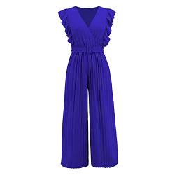 Jumpsuit Damen Elegant für Hochzeit Plissee V-Ausschnitt Einfarbig Rüschen Latzhosen mit Gürtel Lässig Lose Bequem Trägerhose Arbeitshose Sommer Weites Bein Freizeit Einteiler Jumpsuit Overall von OUMSHBI