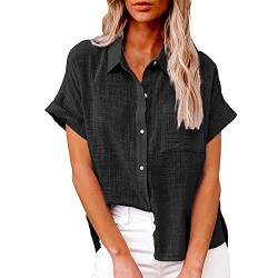 OUMSHBI Bluse Damen Kurzarm Baumwolle Leinen Bluse Einfarbig Knopfleiste Oberteile Revers Collar Leinenbluse GüNstige Atmungsaktiv Bequeme Sommerbluse Brusttaschen Sommer Hemdbluse für Frauen von OUMSHBI