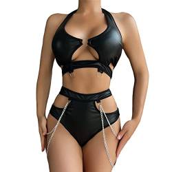 OUMSHBI Dessous Damen Lack und Leder Sexy Dessous Sets mit ReißVerschluss Vorne Damen Dessous Set ReizwäSche Leder Brustfreier 1/2 Cup Dessous Set ReizwäSche Push Up Strumpfhalter und StrapsgüRtel von OUMSHBI