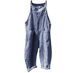 OUMSHBI Jumpsuit Damen Sommer Gestreift U-Ausschnitt Ärmelloser Latzhosen mit Taschen Lässig Lose Bequem Trägerhose Arbeitshose Sommer Lang Weites Bein Overall Jumpsuit Hosenanzug Schlafanzug von OUMSHBI