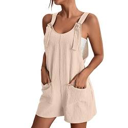 OUMSHBI Sommer Leinen Jumpsuit Damen Kurz Overall U-Ausschnitt Einfarbig Latzhosen mit Zwei Taschen Locker Casual Playsuit Romper Bequeme Ärmelloser Arbeitshose mit TräGern Knot Arbeitsoverall Damen von OUMSHBI