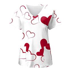 OUMSHBI Valentinstag T Shirt Kasacks Damen Pflege Bunt Herz Gedruckt Schlupfkasack Damen Pflege Muster Kurzarm V-Ausschnitt Kassaks Frauen Pflege Mit Taschen Pflege Kittel Damen Kasack von OUMSHBI