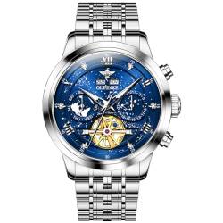 OUPINKE Armbanduhr für Herren, Skelett, selbstaufziehend, mechanisch, automatisch, Luxus-Kleid, schwarze Armbanduhr, wasserdicht, leuchtend, Wolfram-Saphir-Kristall, G3255: Silbernes Band & blaues von OUPINKE