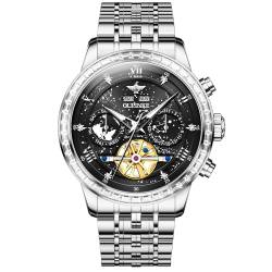OUPINKE Armbanduhr für Herren, Skelett, selbstaufziehend, mechanisch, automatisch, Luxus-Kleid, schwarze Armbanduhr, wasserdicht, leuchtend, Wolfram-Saphir-Kristall, GZ3255Z: Silbernes Band & von OUPINKE