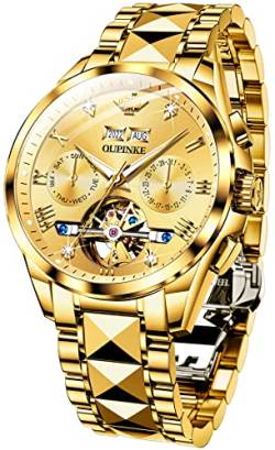 OUPINKE Automatische Herren-Armbanduhr, Diamant-Skelett, selbstaufziehend, luxuriös, Saphirkristall, Wolframstahl, leuchtend, wasserdicht, Goldfarben, Armband von OUPINKE