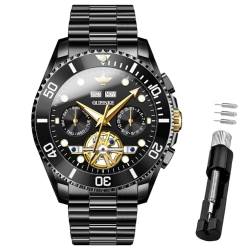 OUPINKE Herren-Automatikuhr, Skelett, mechanisch, selbstaufziehend, luxuriös, Chronograph, Kalender, leuchtende Uhr für Herren, 50 m wasserdicht, Saphirglas, 3229 schwarzes Armband und schwarzes von OUPINKE