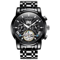 OUPINKE Herrenuhr Automatik Luxus Skelett Mechanik Schwarz Zifferblatt mit Diamanten Tourbillon Tag Datum Wasserdicht Luminous Schwarz Edelstahlarmband von OUPINKE