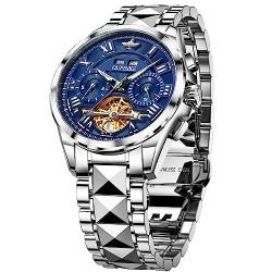 OUPINKE Uhren für Männer Automatische Skelettuhr Mechanische Armbanduhren Business Luxus Stainess Stahl Wasserdicht Leuchtend, Blau, Mechanische, Skelett-Uhr von OUPINKE