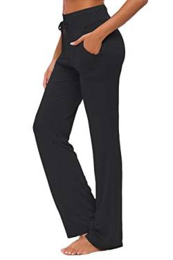 OURCAN Damen Yoga Hose Mit Taschen Breites Bein Kordelzug Lose Gerade Lounge Laufen Workout Modale Hose Aktive Freizeit Jogginghose (Schwarz, M) von OURCAN