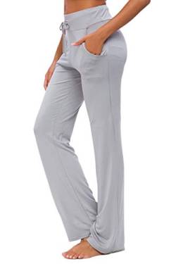 OURCAN Damen Yoga Hose mit Taschen,Aktive Freizeit Jogginghose mit Geradem Breites Bein,Lose Gerade Bequemem Modal Kordelzug Yogahose,Lounge Running lange Aktivhose (Light Grey-new, XL) von OURCAN