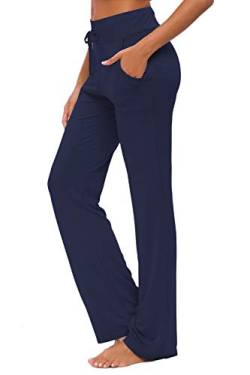 Women's Yoga Trousers with Pockets Wide Leg Drawstring Loose Straight Lounge Running Workout Modal Trousers Active Leisure Jogging Bottoms Navy S von OURCAN
