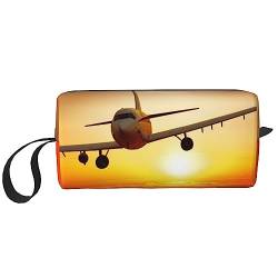 Flugzeugflugzeug bei Sonnenuntergang Kosmetiktaschen für Frauen Tragbare Make-up-Tasche Reise Aufbewahrungstasche Täglich Empfang Tasche Große Kapazität Kulturbeutel, weiß, Einheitsgröße von OUSIKA