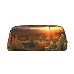Kaktus Wüste Sonnenuntergang Make-up Tasche Leder Federmäppchen Reise Kulturbeutel Kosmetiktasche Täglich Aufbewahrungstasche für Frauen, silber, Einheitsgröße, Taschen-Organizer von OUSIKA