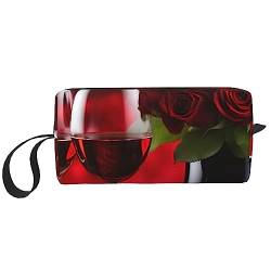 Kosmetiktasche mit Wein- und roten Rosen für Frauen, tragbare Make-up-Tasche, Reise-Aufbewahrungstasche, für den täglichen Gebrauch, große Kapazität, Kulturbeutel, weiß, Einheitsgröße von OUSIKA