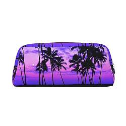 Make-up-Tasche aus Leder, Motiv: Palme mit violettem Sonnenuntergang, Reise-Kulturbeutel, Kosmetiktasche, tägliche Aufbewahrungstasche für Damen, silber, Einheitsgröße, Taschen-Organizer von OUSIKA