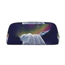 Northern Lights Eisbär Make-up-Tasche Leder Federmäppchen Reise Kulturbeutel Kosmetiktasche tägliche Aufbewahrungstasche für Frauen, gold, Einheitsgröße, Taschen-Organizer von OUSIKA