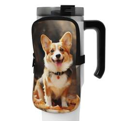 OUSIKA Corgi Wasserflaschen-Beutel mit Hunde-Aufdruck, Beutel, Beutel, Handheld-Sport-Trinkflasche, Zubehör, Tasche, Reißverschluss, Gürteltasche für Männer und Frauen, Schwarz , S von OUSIKA