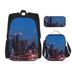 OUSIKA New York City Night Print 3 Pcs Backpack Casual Daypack Lunch Box Pencil Case Combination Set For Travel, Black, One Size, Backpack,Casual,Travel, Schwarz , Einheitsgröße, Rucksack, Freizeit, von OUSIKA