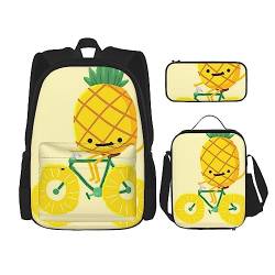 OUSIKA Rucksack mit Ananas-Druck, lässiger Tagesrucksack, Lunchbox, Federmäppchen, Kombinationsset für Reisen, Schwarz, Einheitsgröße, Schwarz , Einheitsgröße von OUSIKA