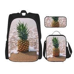 OUSIKA Rucksack mit Ananas auf Strand, 3-teilig, lässiger Tagesrucksack, Lunchbox, Federmäppchen, Kombinationsset für Reisen, Schwarz, Einheitsgröße, Rucksack, Freizeit, Reisen, Schwarz , von OUSIKA