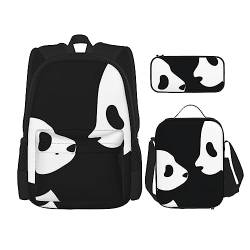 OUSIKA Rucksack mit Panda-Motiv, 3-teilig, lässiger Tagesrucksack, Lunchbox, Federmäppchen, Kombinationsset für Reisen, Schwarz, Einheitsgröße, Rucksack, Freizeit, Reisen, Schwarz , Einheitsgröße, von OUSIKA