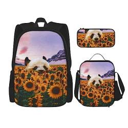 OUSIKA Rucksack mit Panda- und Sonnenblumen-Aufdruck, lässiger Tagesrucksack, Lunchbox, Federmäppchen, Kombinationsset für Reisen, Schwarz, Einheitsgröße, Rucksack, Freizeit, Reisen, Schwarz , von OUSIKA