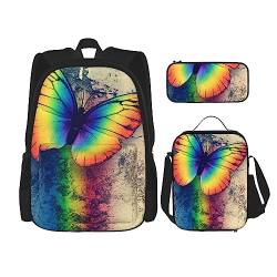 OUSIKA Rucksack mit Regenbogen-Schmetterlings-Aufdruck, lässiger Tagesrucksack, Lunchbox, Federmäppchen, Kombinationsset für Reisen, Schwarz, Einheitsgröße, Rucksack, Freizeit, Reisen, Schwarz , von OUSIKA