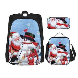 OUSIKA Rucksack mit Weihnachtsmann und Schneemann, 3-teilig, lässiger Tagesrucksack, Lunchbox, Federmäppchen, Kombinationsset für Reisen, Schwarz, Einheitsgröße, Rucksack, Freizeit, Reisen, Schwarz , von OUSIKA