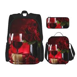 OUSIKA Rucksack mit Wein- und roten Rosen, 3-teilig, lässiger Tagesrucksack, Lunchbox, Federmäppchen, Kombinationsset für Reisen, Rot, Einheitsgröße, Rucksack, Freizeit, Reisen, rot, Einheitsgröße, von OUSIKA