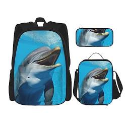 OUSIKA Rucksack mit lächelndem Gesicht, Delfin-Druck, lässiger Tagesrucksack, Lunchbox, Federmäppchen, Kombinationsset für Reisen, Schwarz, Einheitsgröße, Rucksack, Freizeit, Reisen, Schwarz , von OUSIKA