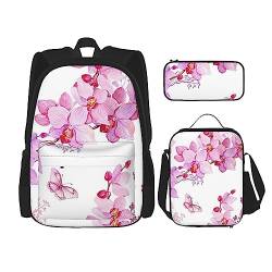 OUSIKA Rucksack mit rosa Blumen und Schmetterling, 3-teilig, lässiger Tagesrucksack, Lunchbox, Federmäppchen, Kombinationsset für Reisen, Schwarz, Einheitsgröße, Schwarz , Einheitsgröße von OUSIKA