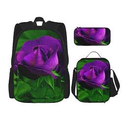 OUSIKA Rucksack mit violettem Rosen-Motiv, 3-teilig, lässiger Tagesrucksack, Lunchbox, Federmäppchen, Kombinationsset für Reisen, Schwarz, Einheitsgröße, Rucksack, Freizeit, Reisen, Schwarz , von OUSIKA